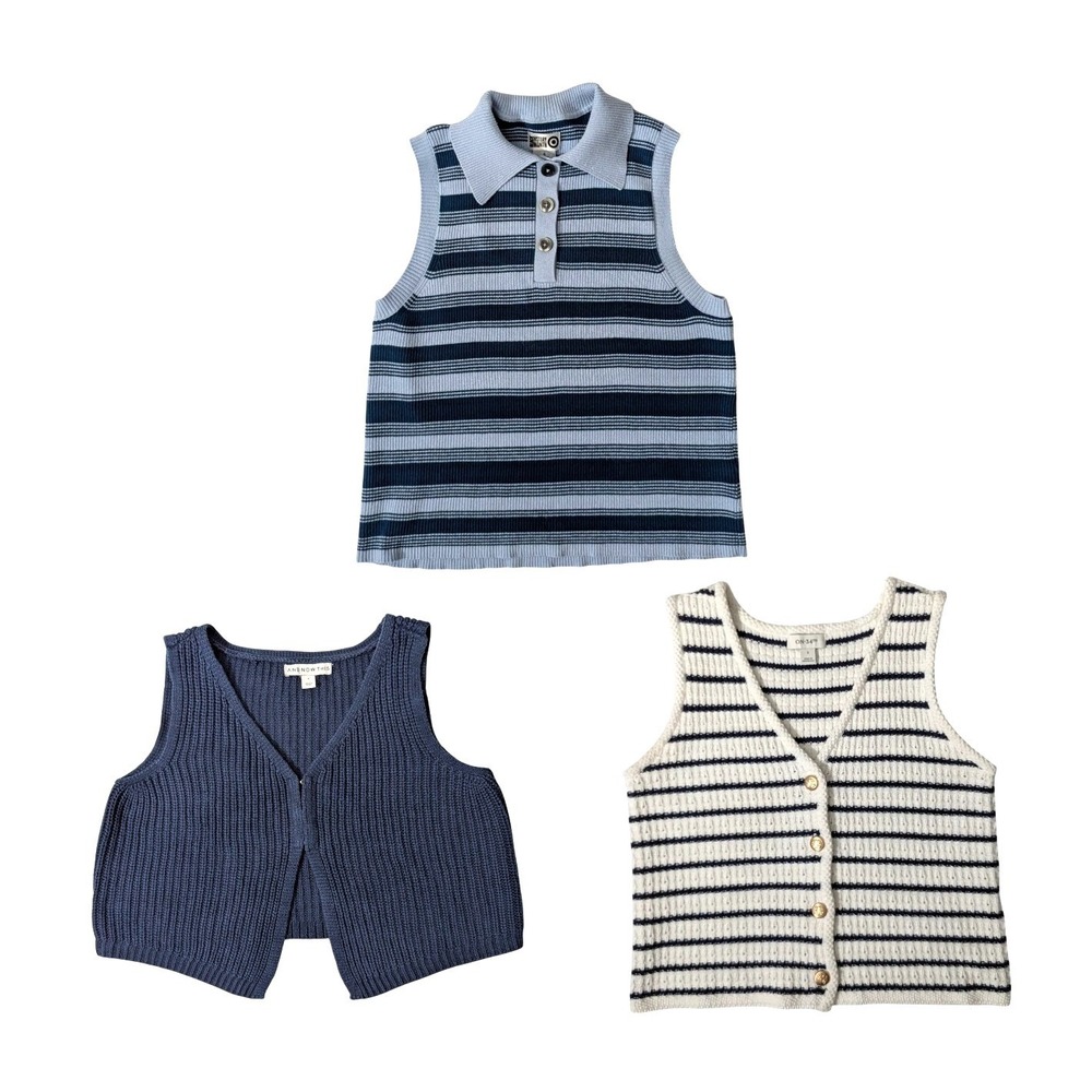 Women's‎ Blue Sweater Vest Bundle Striped Button Cotton Knit Navy Tops Lot Sz S